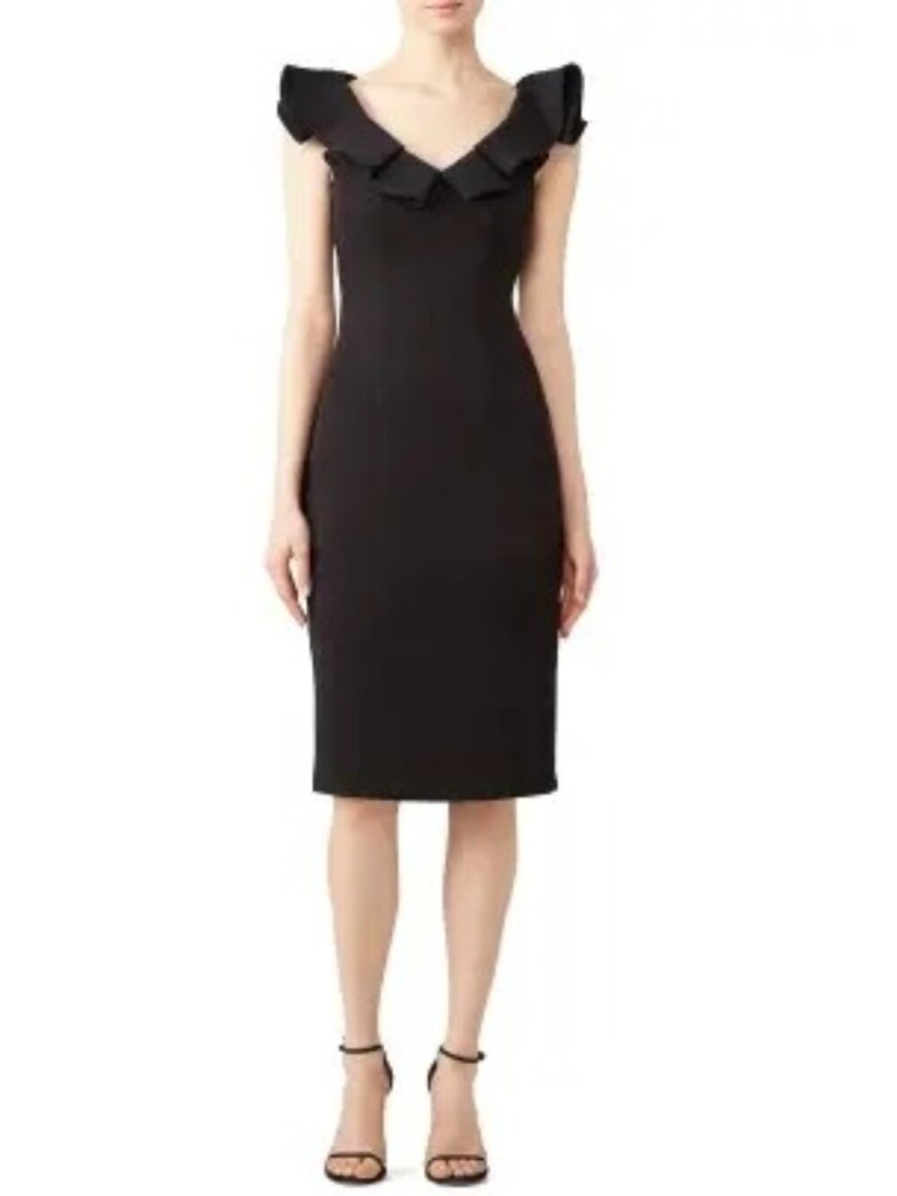 R-108. JS Collection Black Ruffle Neck Sheath
